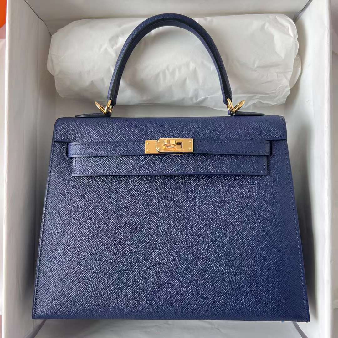 Hermès（爱马仕）Kelly 凯莉包 Epsom皮 Ck73 宝石蓝 金扣 25cm 全手工蜡线缝制 Ghw