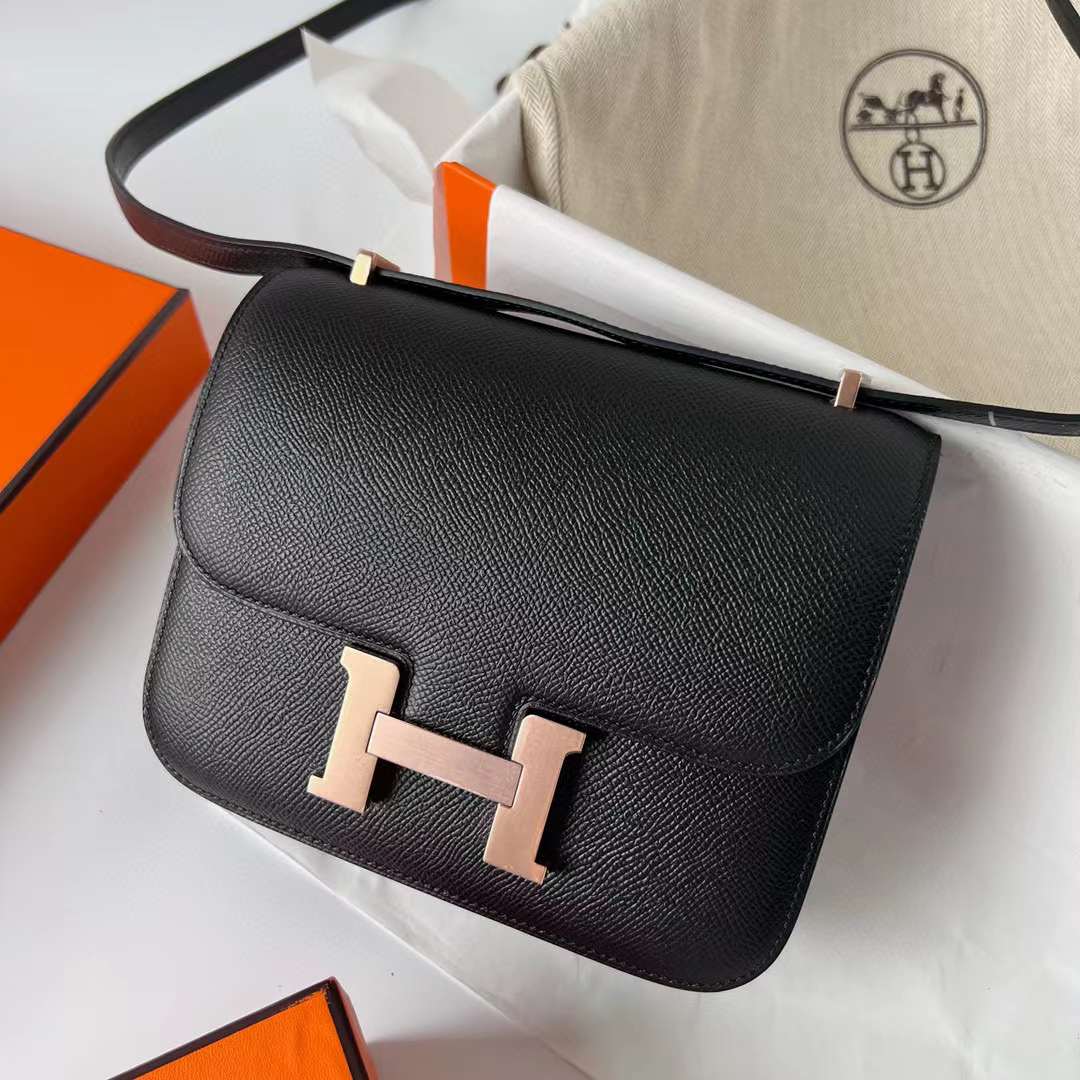 Hermès（爱马仕）Constance 康斯坦斯 Epsom Ck89 黑色 玫瑰金扣 19cm 全手工蜡线缝制 Rghw