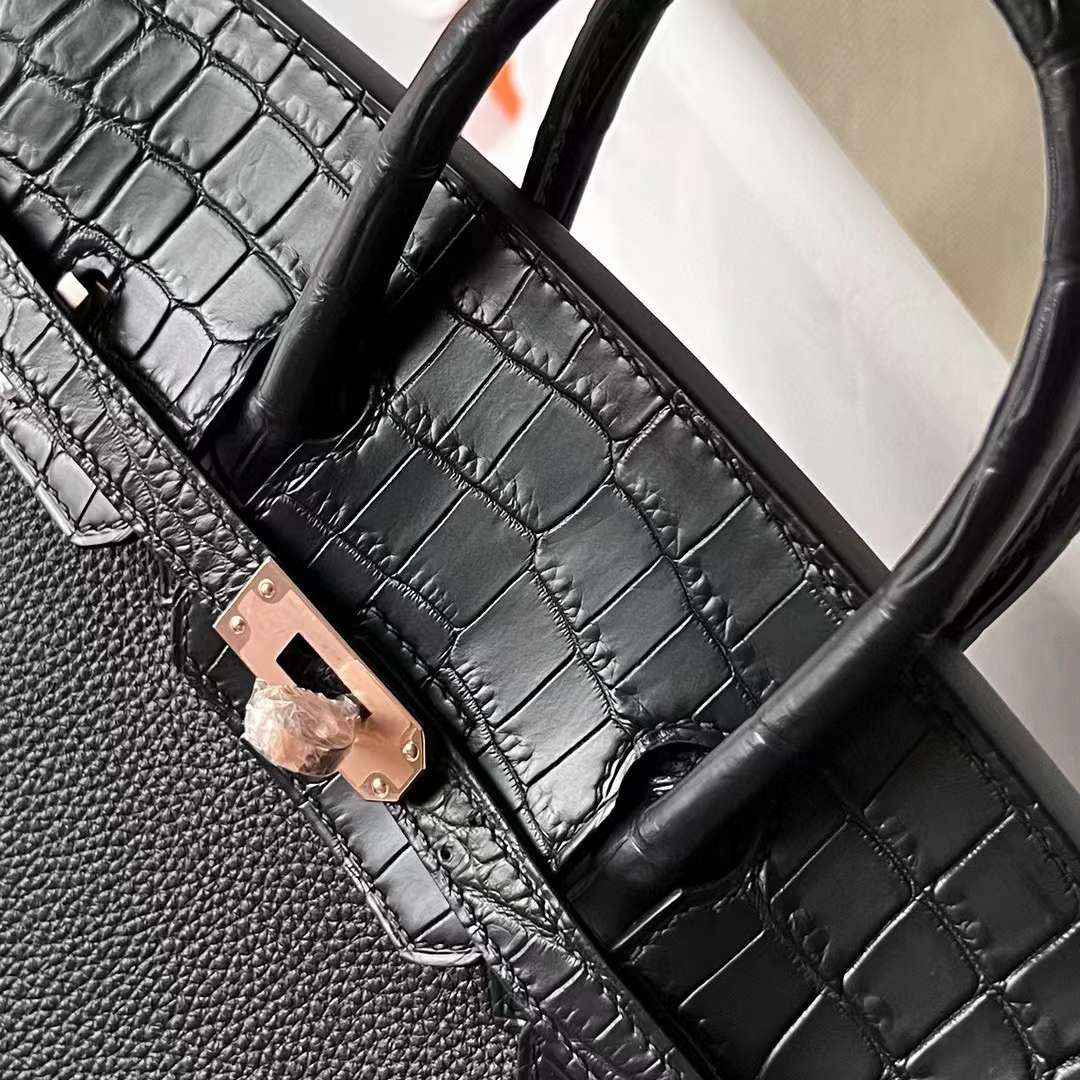 Hermès（爱马仕）Birkin 铂金包 Touch Togo 拼 雾面尼罗鳄鱼皮 Ck89 黑色 玫瑰金扣 25cm 全手工蜡线缝制 Rghw