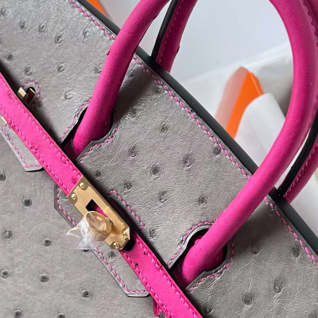 Hermès（爱马仕）Birkin 铂金包 Ostrich 南非kk进口鸵鸟皮 M8 沥青灰 拼 E5 糖果粉 金扣 25cm 全手工蜡线缝制 Ghw