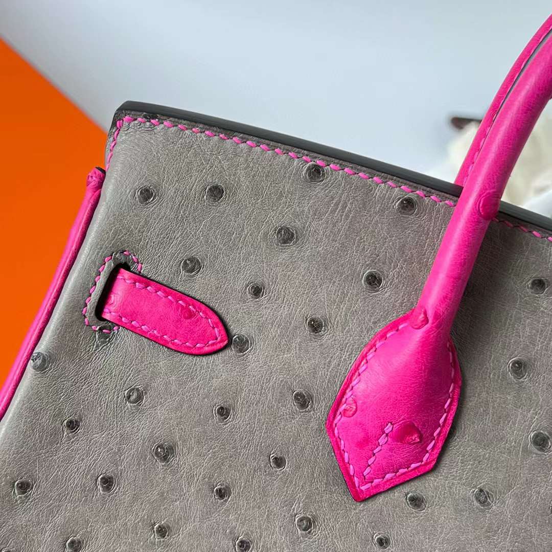 Hermès（爱马仕）Birkin 铂金包 Ostrich 南非kk进口鸵鸟皮 M8 沥青灰 拼 E5 糖果粉 金扣 25cm 全手工蜡线缝制 Ghw