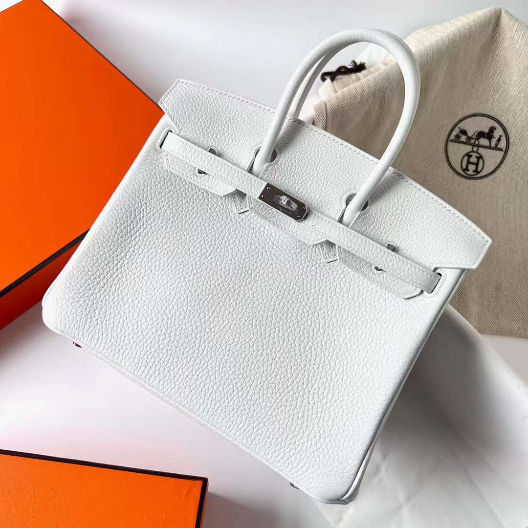 Hermès（爱马仕）Birkin 铂金包 Clemence 进口TC大牛皮 01 纯白 内拼 ck80 珍珠灰 银扣 25cm 全手工蜡线缝制 Phw