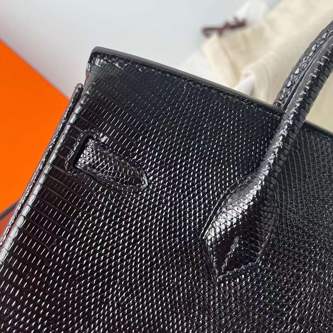Hermès（爱马仕）Birkin 铂金包 Lizard 进口蜥蜴皮 Ck89 黑色 银扣 25cm 全手工蜡线缝制 Phw