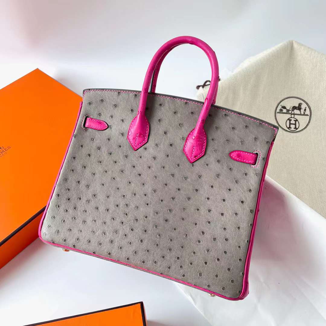 Hermès（爱马仕）Birkin 铂金包 Ostrich 南非kk进口鸵鸟皮 M8 沥青灰 拼 E5 糖果粉 金扣 25cm 全手工蜡线缝制 Ghw