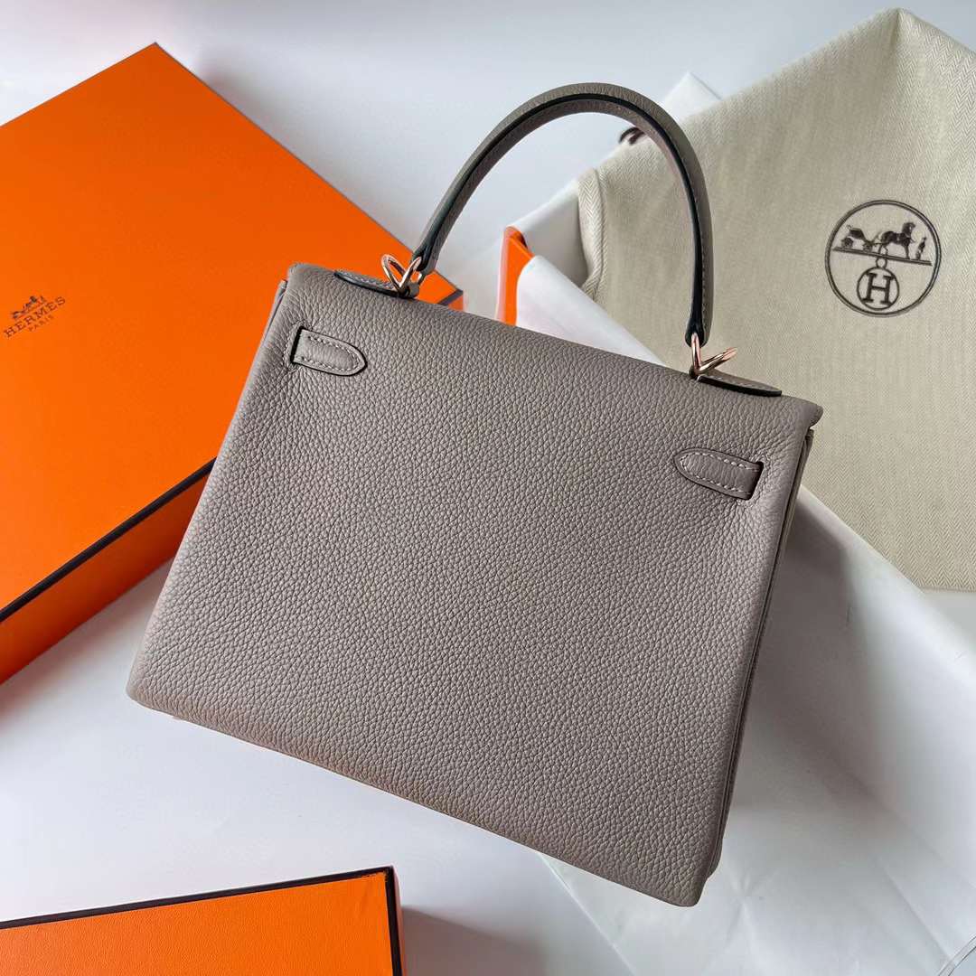 Hermès（爱马仕）Kelly 凯莉包 Togo皮 M8 沥青灰 玫瑰金扣 25cm 全手工蜡线缝制 Rghw