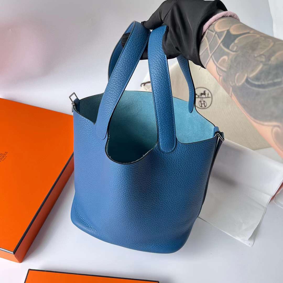 Hermès（爱马仕）Picotin 菜篮子 Clemence（御用原厂进口tc皮）7Q 希腊蓝 银扣 22cm 全手工蜡线缝制 Phw