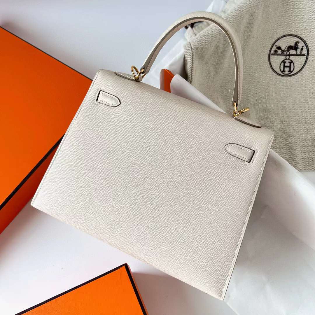 Hermès（爱马仕）Kelly 凯莉包 Epsom 掌纹皮 Ck10 奶昔白 金扣 25cm 全手工蜡线缝制 Ghw