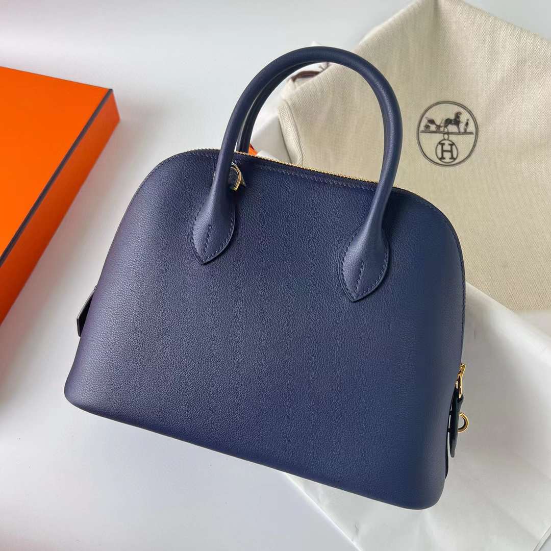 Hermès（爱马仕）Bolide 保龄球包 Evercolor Ck73 宝石蓝 内拼 0F 弗里达蓝 金扣 25cm 全手工蜡线缝制 Ghw