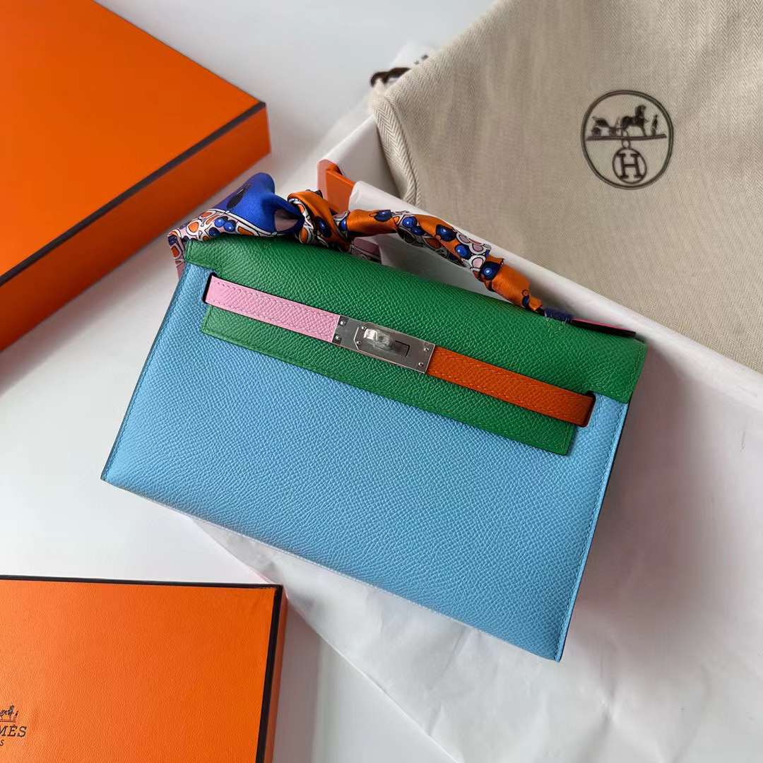 Hermès（爱马仕）Mini Kelly Pochette Epsom Hss 多拼色 P3 北方蓝 拼 U4 丝绒绿 拼 X9 锦葵紫 拼 9J 火焰橙 拼 E5 糖果粉 拼 A5 杜鹃红 拼 T0 雾蓝色 银扣 22cm