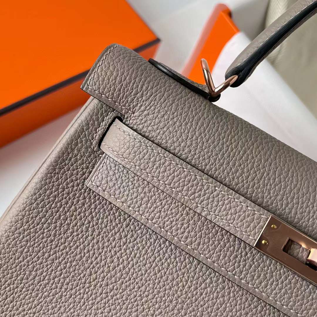Hermès（爱马仕）Kelly 凯莉包 Togo皮 M8 沥青灰 玫瑰金扣 25cm 全手工蜡线缝制 Rghw
