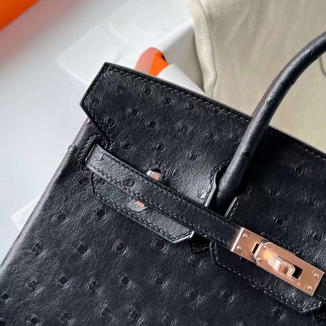 Hermès（爱马仕）Birkin 铂金包 Ostrich 南非鸵鸟皮 Ck89 黑色 玫瑰金扣 25cm 全手工蜡线缝制 Rghw