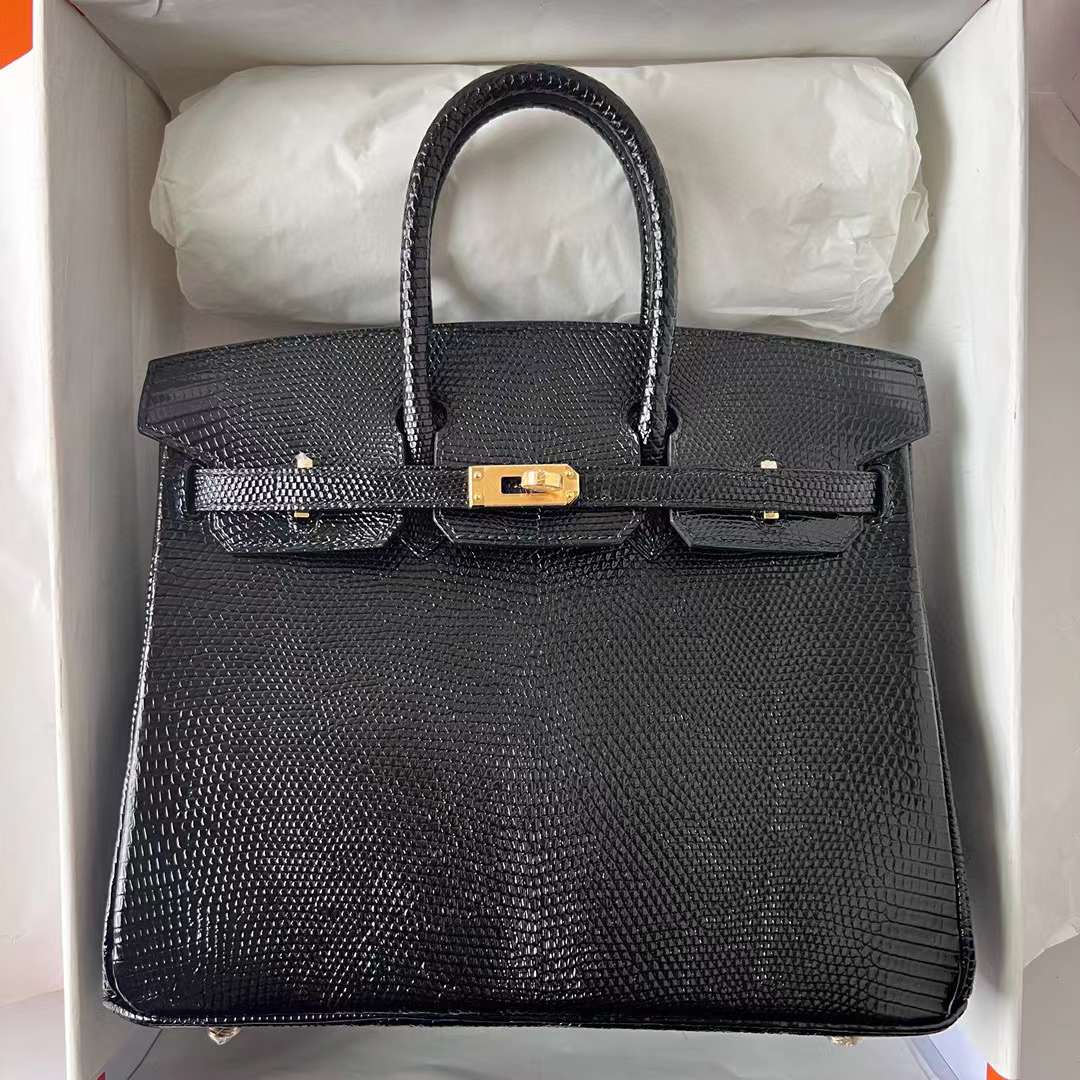 Hermès（爱马仕）Birkin 铂金包 Lizard 进口蜥蜴皮 Ck89 黑色 金扣 25cm 全手工蜡线缝制 Ghw