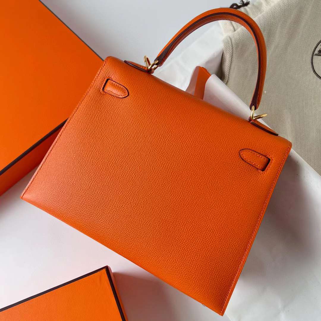 Hermès（爱马仕）Kelly 凯莉包 Epsom Ck93 橙色 金扣 25cm 全手工蜡线缝制 Ghw