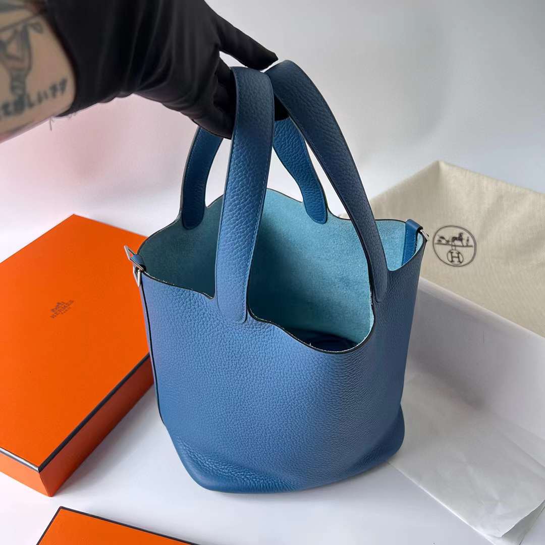 Hermès（爱马仕）Picotin 菜篮子 Clemence（御用原厂进口tc皮）7Q 希腊蓝 银扣 22cm 全手工蜡线缝制 Phw
