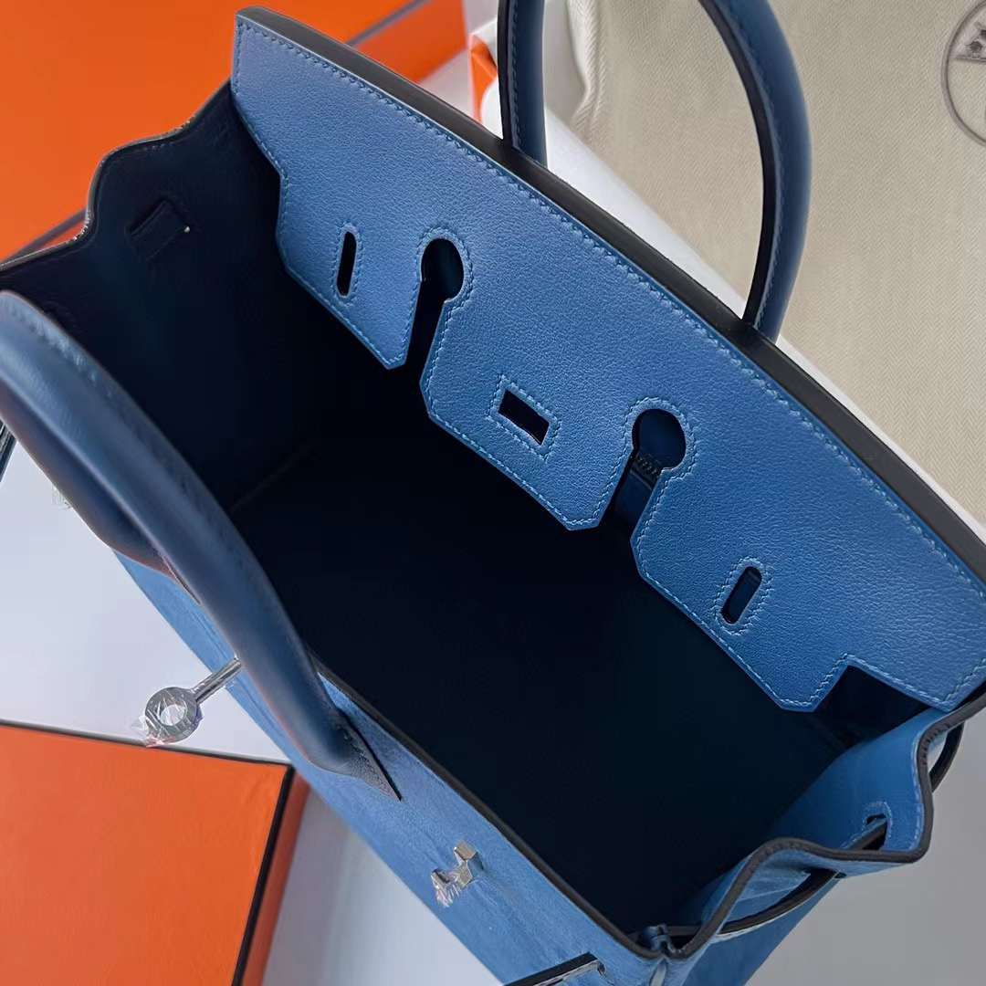 Hermès（爱马仕）Birkin 铂金包 Grizzly 麂皮 拼 Swift O8 皇家蓝 银扣 25cm 全手工蜡线缝制 Phw