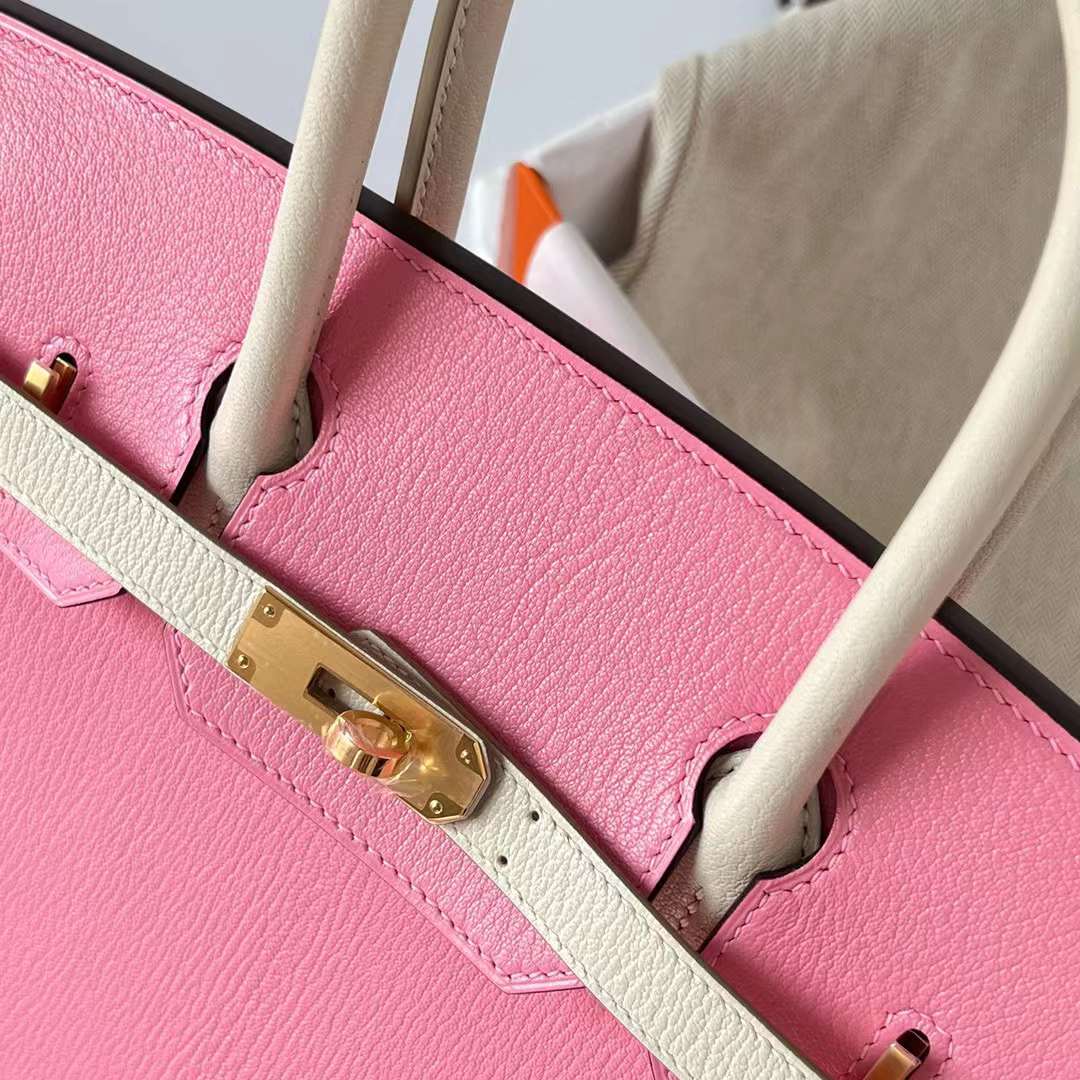 Hermès（爱马仕）Birkin 铂金包 Chevre 进口山羊皮 5P 樱花粉 拼 Ck10 奶昔白 金扣 30cm 全手工蜡线缝制 Ghw