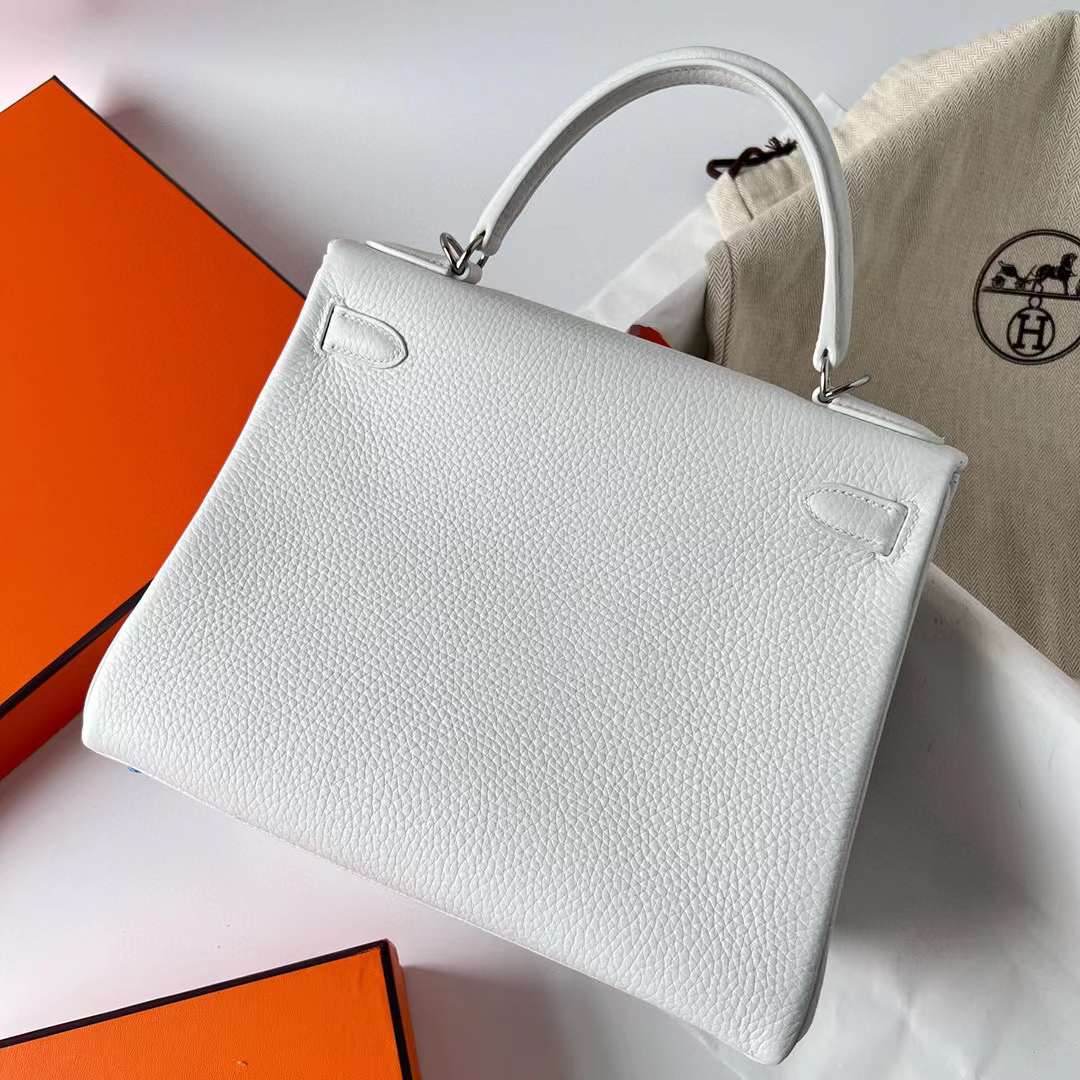 Hermès（爱马仕）Kelly 凯莉包 Clemence（原厂进口tc皮）01 纯白 银扣 25cm 全手工蜡线缝制 Phw
