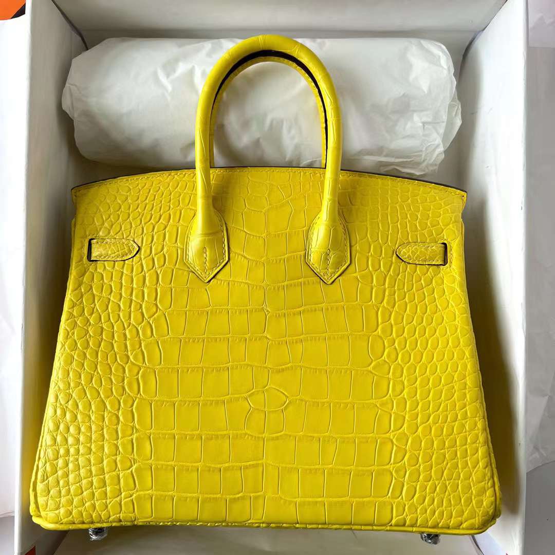 Hermès（爱马仕）Birkin 铂金包 雾面美洲鳄 Matte Alligator Crocodile M9 金盏花黄 银扣 25cm 全手工蜡线缝制 Phw