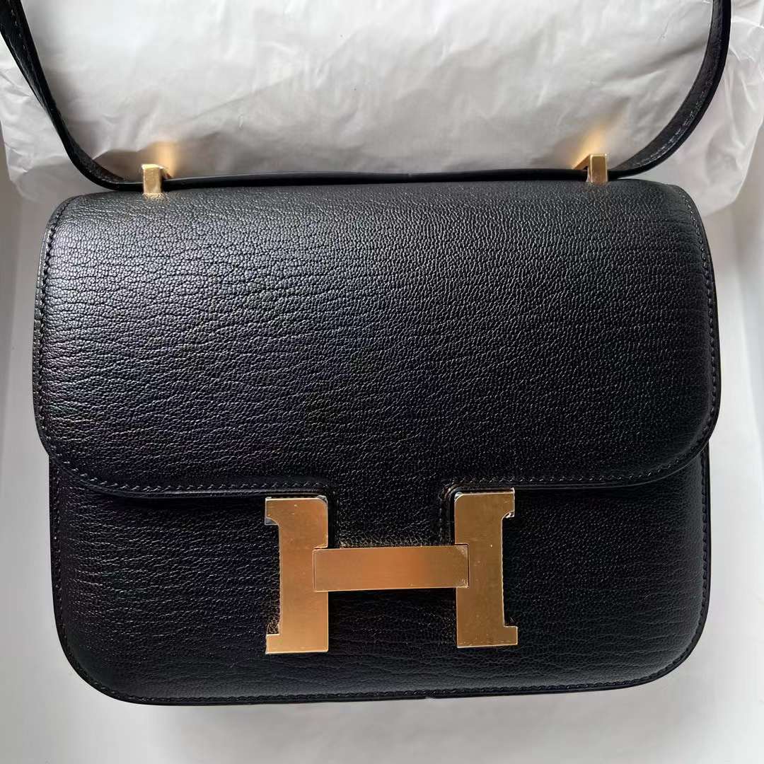Hermès（爱马仕）Constance 康斯坦斯 Chevre 进口山羊皮 ck89 黑色 金扣 19cm 全手工蜡线缝制 Ghw