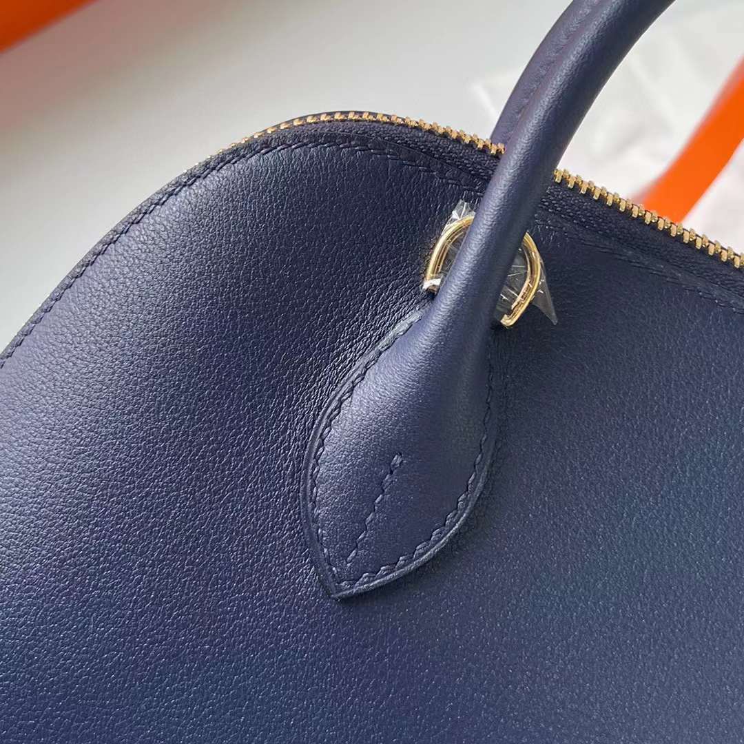 Hermès（爱马仕）Bolide 保龄球包 Evercolor Ck73 宝石蓝 内拼 0F 弗里达蓝 金扣 25cm 全手工蜡线缝制 Ghw