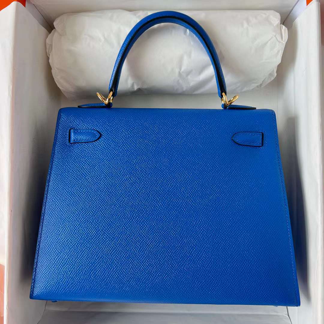 Hermès（爱马仕）Kelly 凯莉包 Epsom 掌纹皮 71 法国蓝 金扣 25cm 全手工蜡线缝制 Ghw