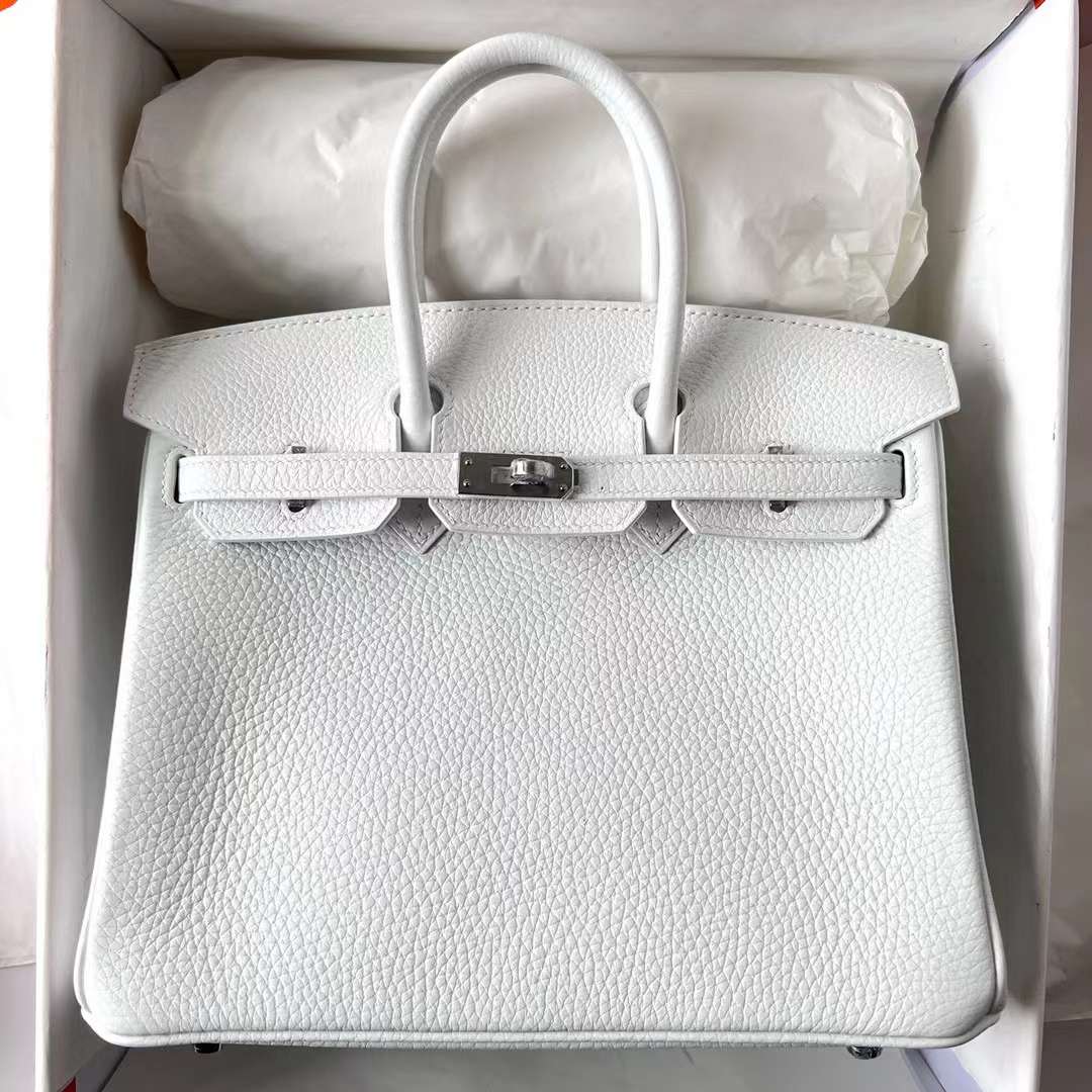 Hermès（爱马仕）Birkin 铂金包 Clemence 进口TC大牛皮 01 纯白 内拼 ck80 珍珠灰 银扣 25cm 全手工蜡线缝制 Phw