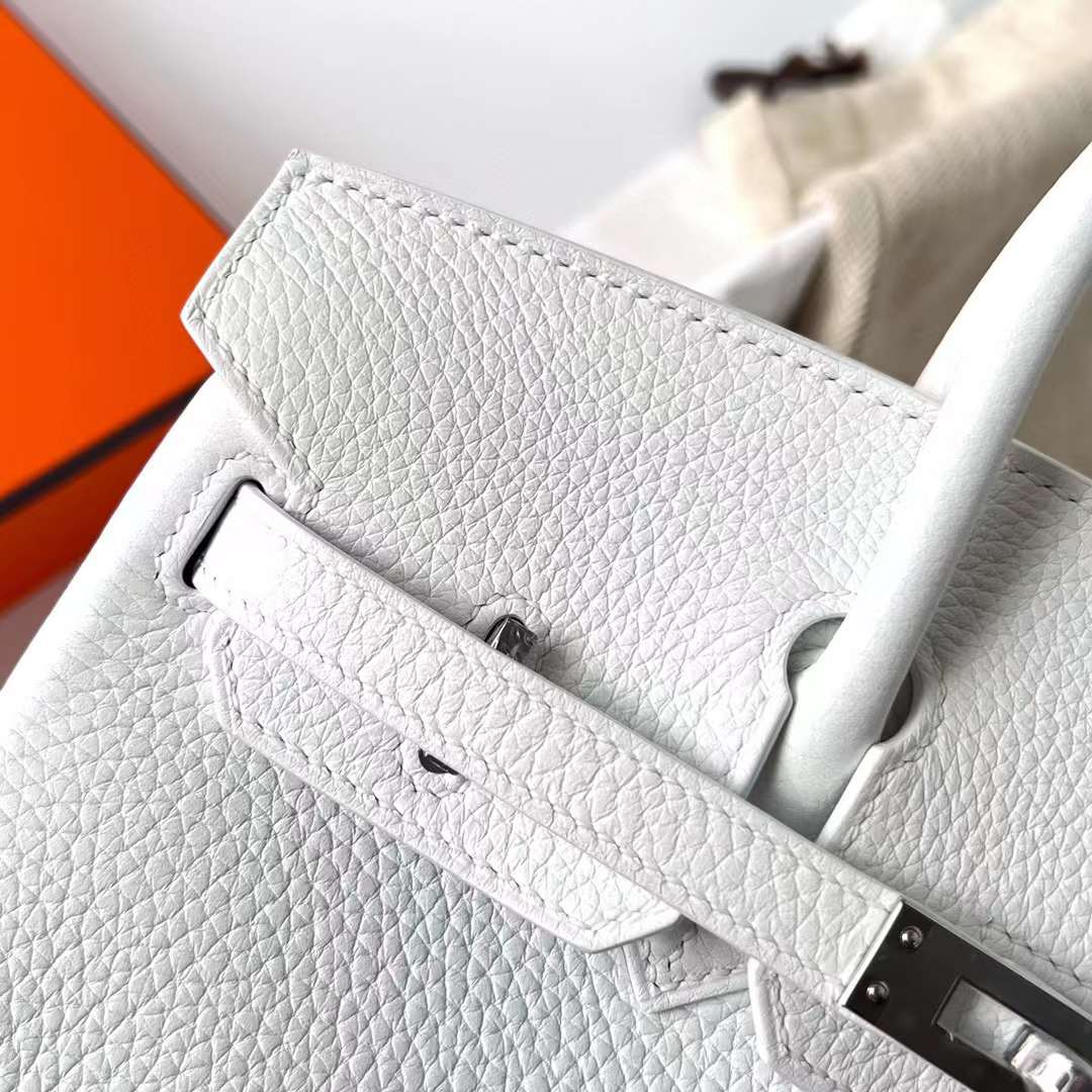 Hermès（爱马仕）Birkin 铂金包 Clemence 进口TC大牛皮 01 纯白 内拼 ck80 珍珠灰 银扣 25cm 全手工蜡线缝制 Phw
