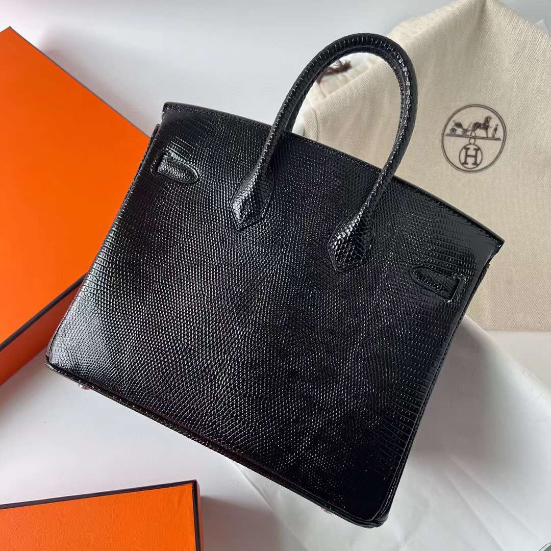 Hermès（爱马仕）Birkin 铂金包 Lizard 进口蜥蜴皮 Ck89 黑色 银扣 25cm 全手工蜡线缝制 Phw