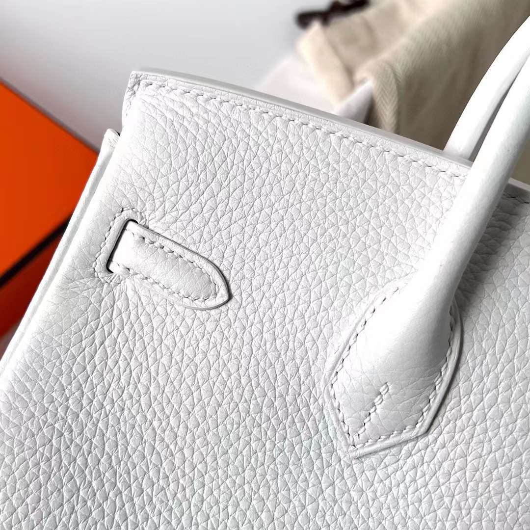 Hermès（爱马仕）Birkin 铂金包 Clemence 进口TC大牛皮 01 纯白 内拼 ck80 珍珠灰 银扣 25cm 全手工蜡线缝制 Phw