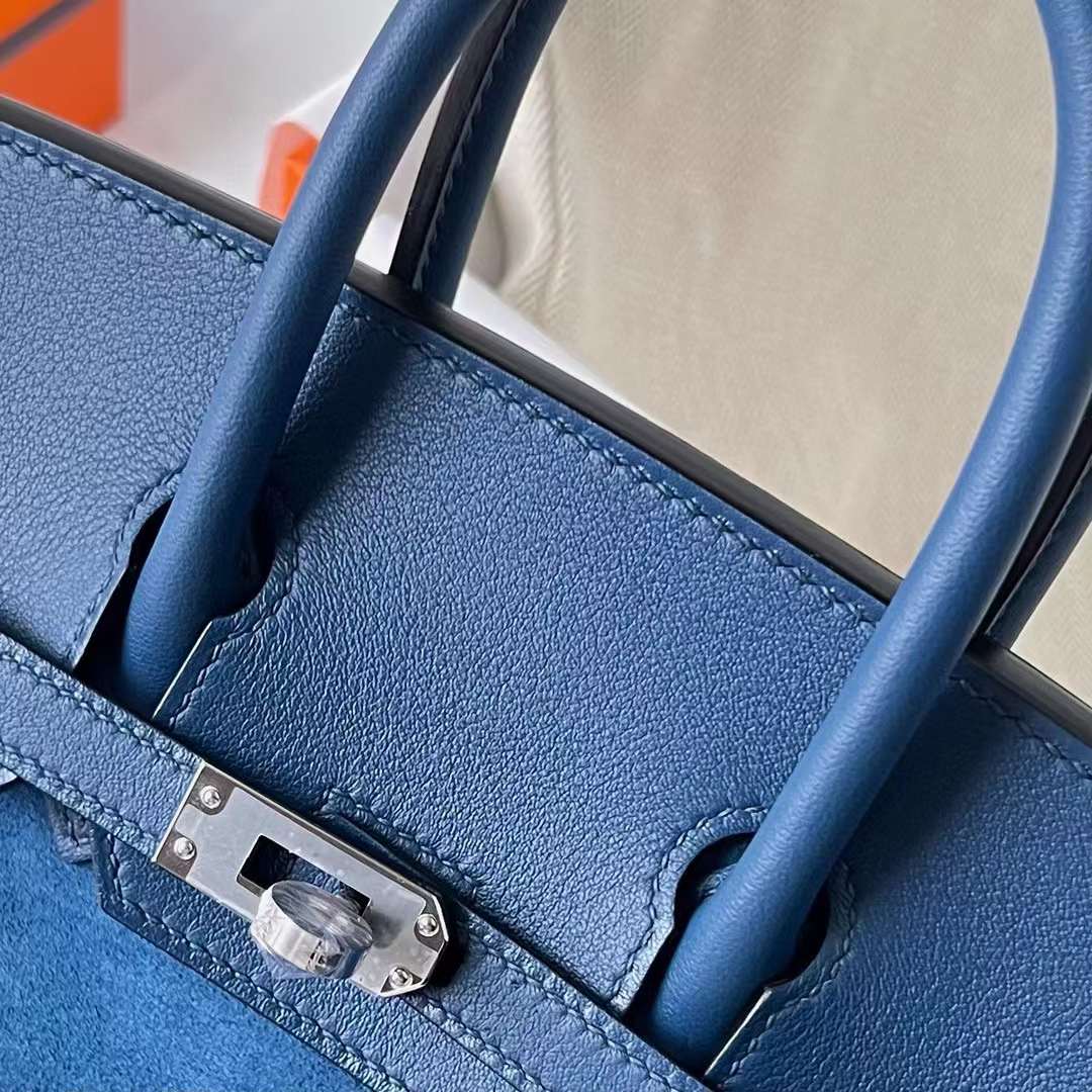 Hermès（爱马仕）Birkin 铂金包 Grizzly 麂皮 拼 Swift O8 皇家蓝 银扣 25cm 全手工蜡线缝制 Phw