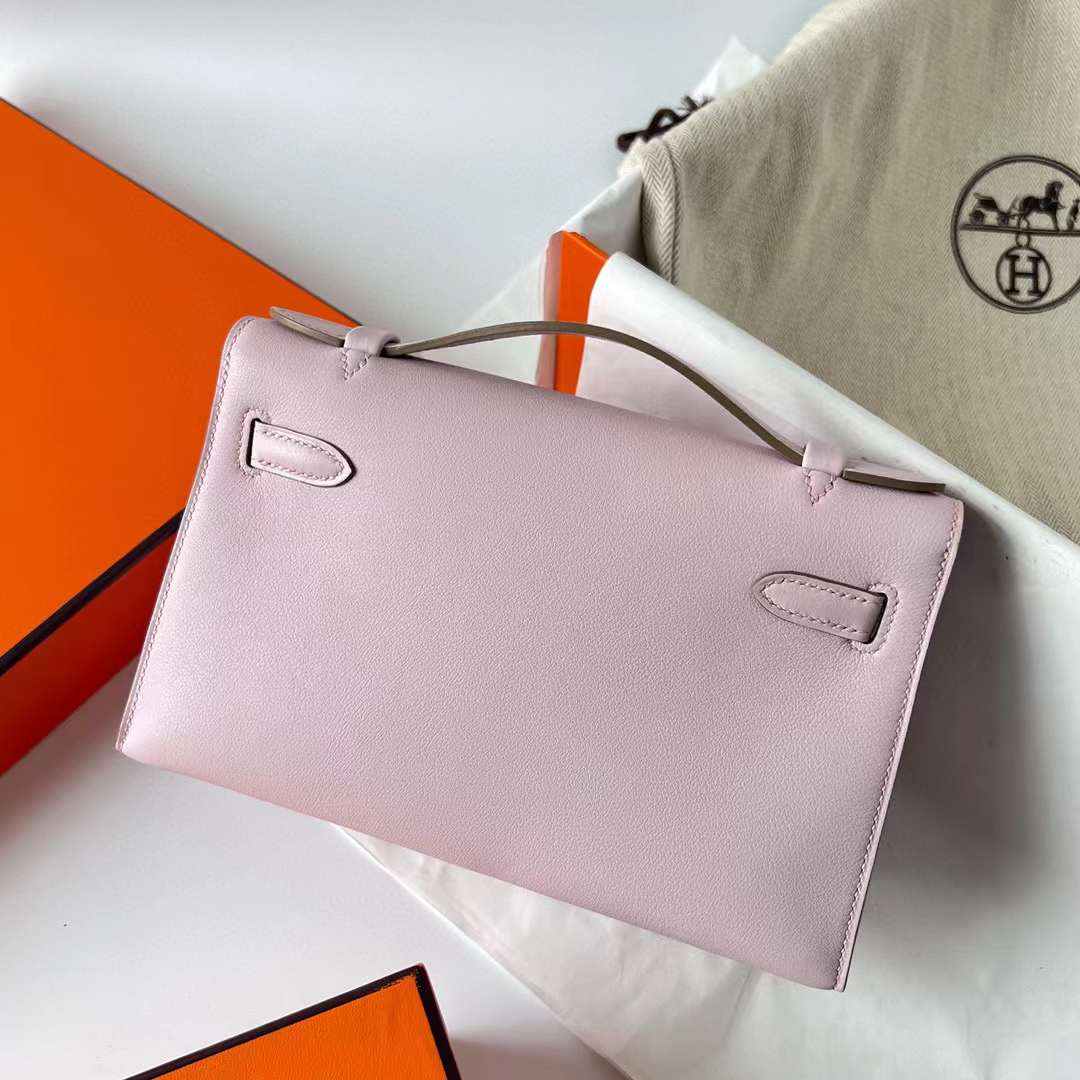 Hermès（爱马仕）Mini Kelly Pochette Swift皮 09 梦幻粉紫 银扣 22cm 全手工蜡线缝制 Phw