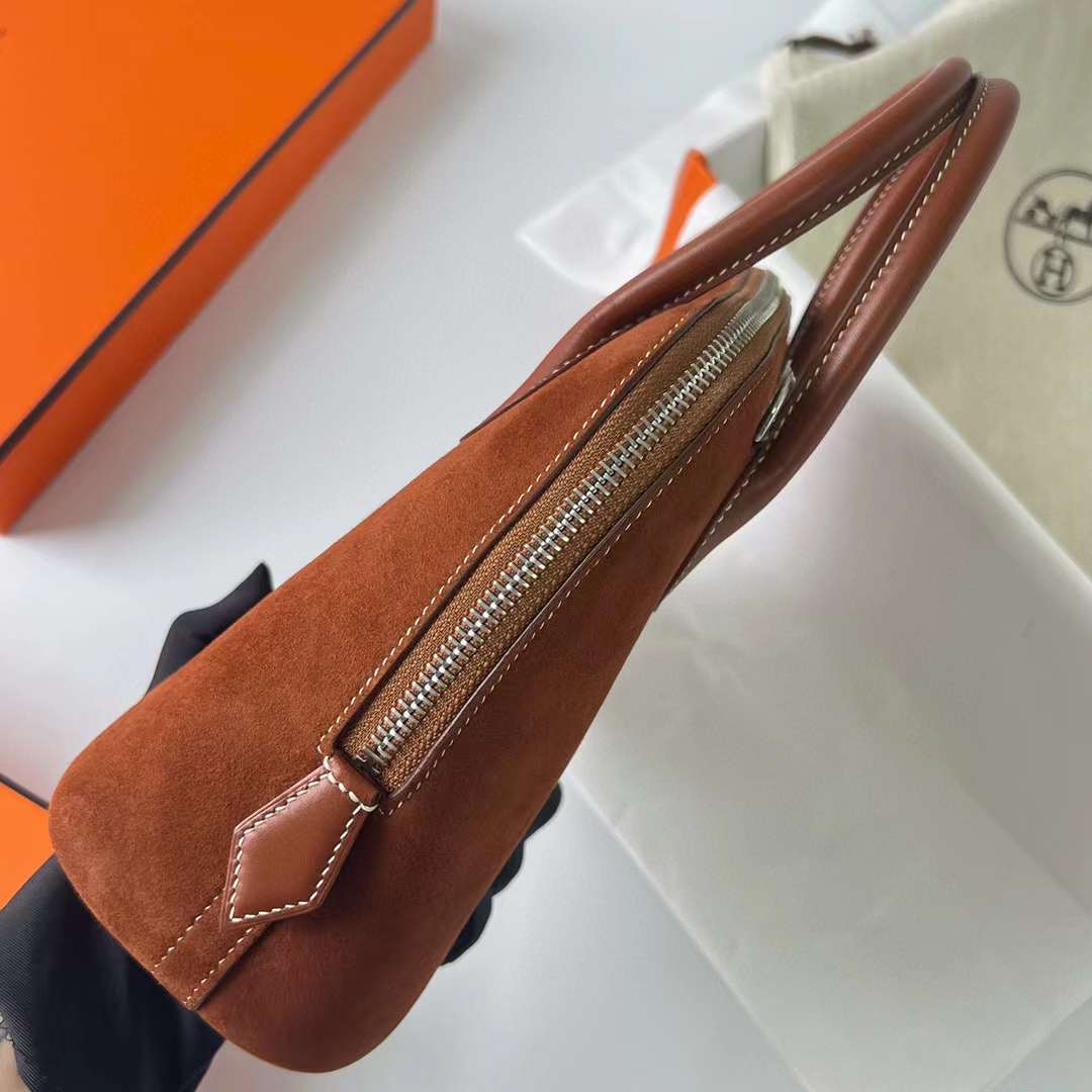 Hermès（爱马仕）Bolide 保龄球包 Suede 拼 Barenia Ck37 金棕色 银扣 25cm 全手工蜡线缝制 Phw