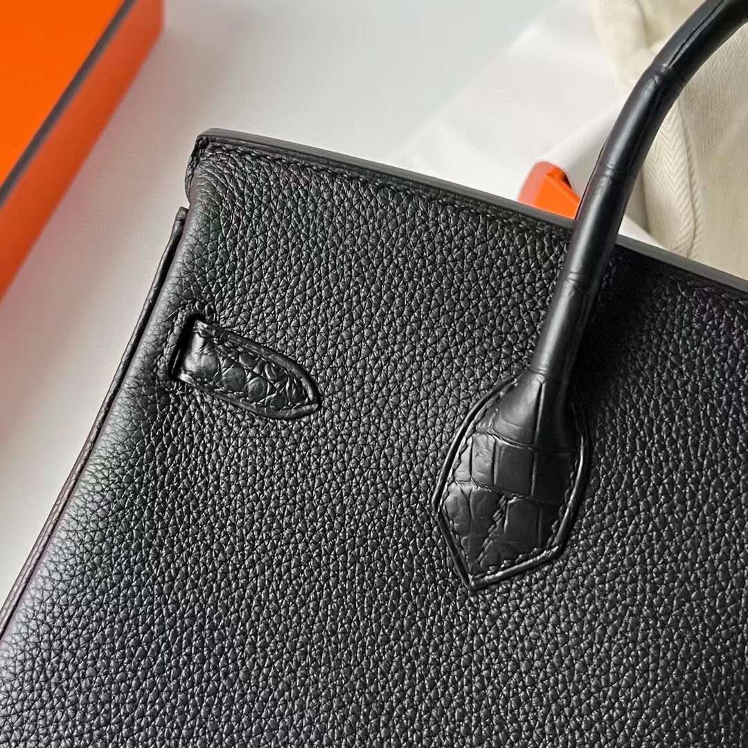 Hermès（爱马仕）Birkin 铂金包 Touch Togo 拼 雾面尼罗鳄鱼皮 Ck89 黑色 玫瑰金扣 25cm 全手工蜡线缝制 Rghw
