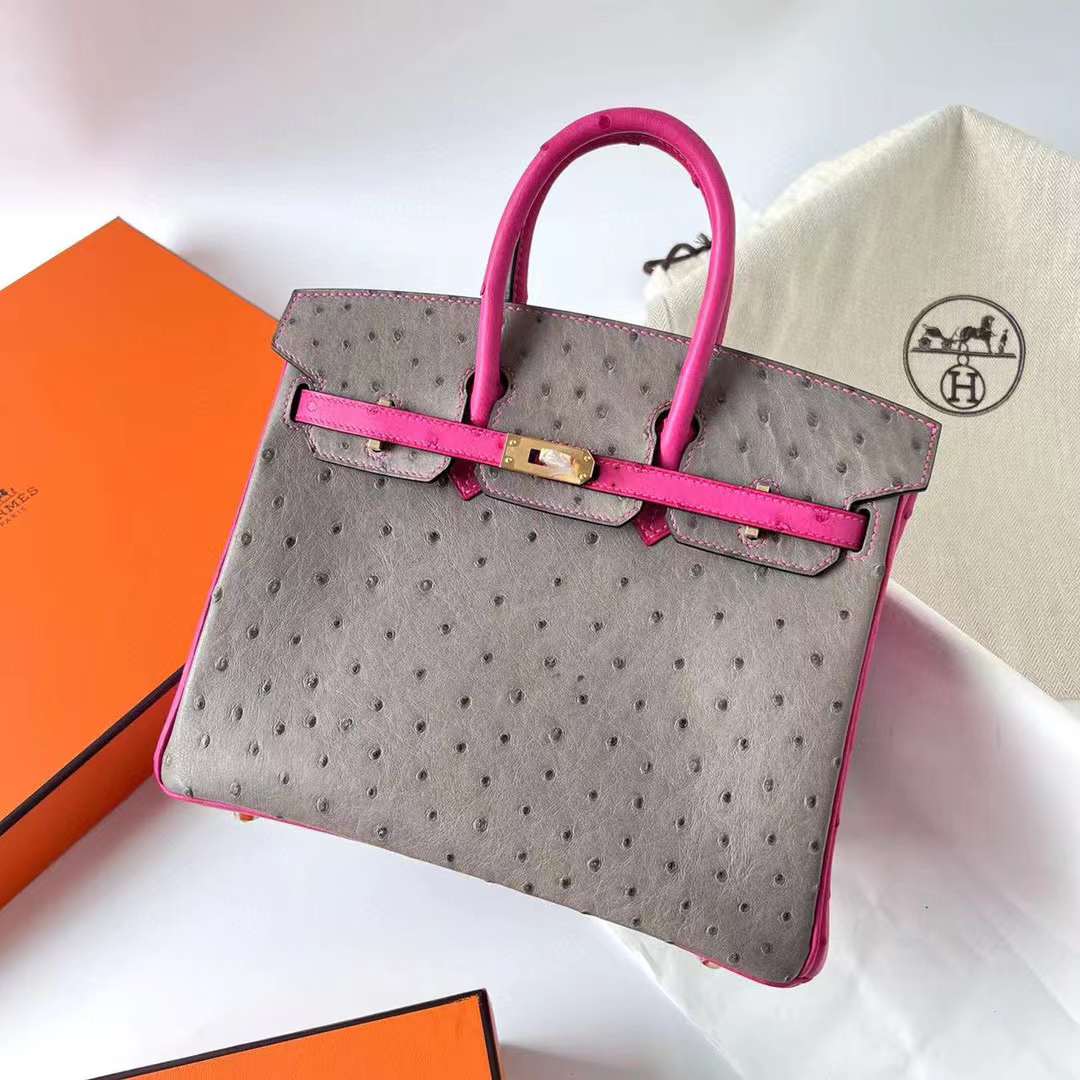 Hermès（爱马仕）Birkin 铂金包 Ostrich 南非kk进口鸵鸟皮 M8 沥青灰 拼 E5 糖果粉 金扣 25cm 全手工蜡线缝制 Ghw