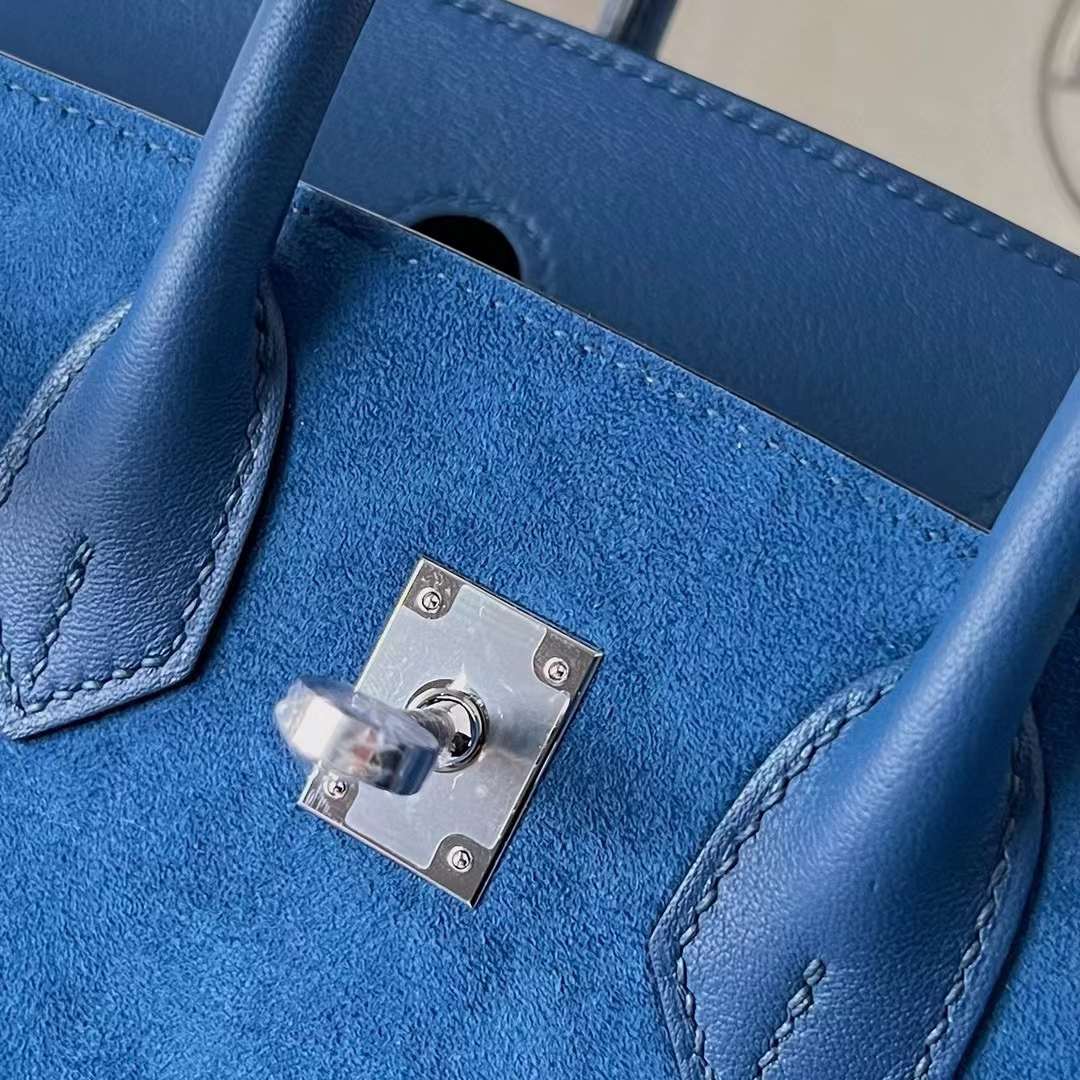 Hermès（爱马仕）Birkin 铂金包 Grizzly 麂皮 拼 Swift O8 皇家蓝 银扣 25cm 全手工蜡线缝制 Phw