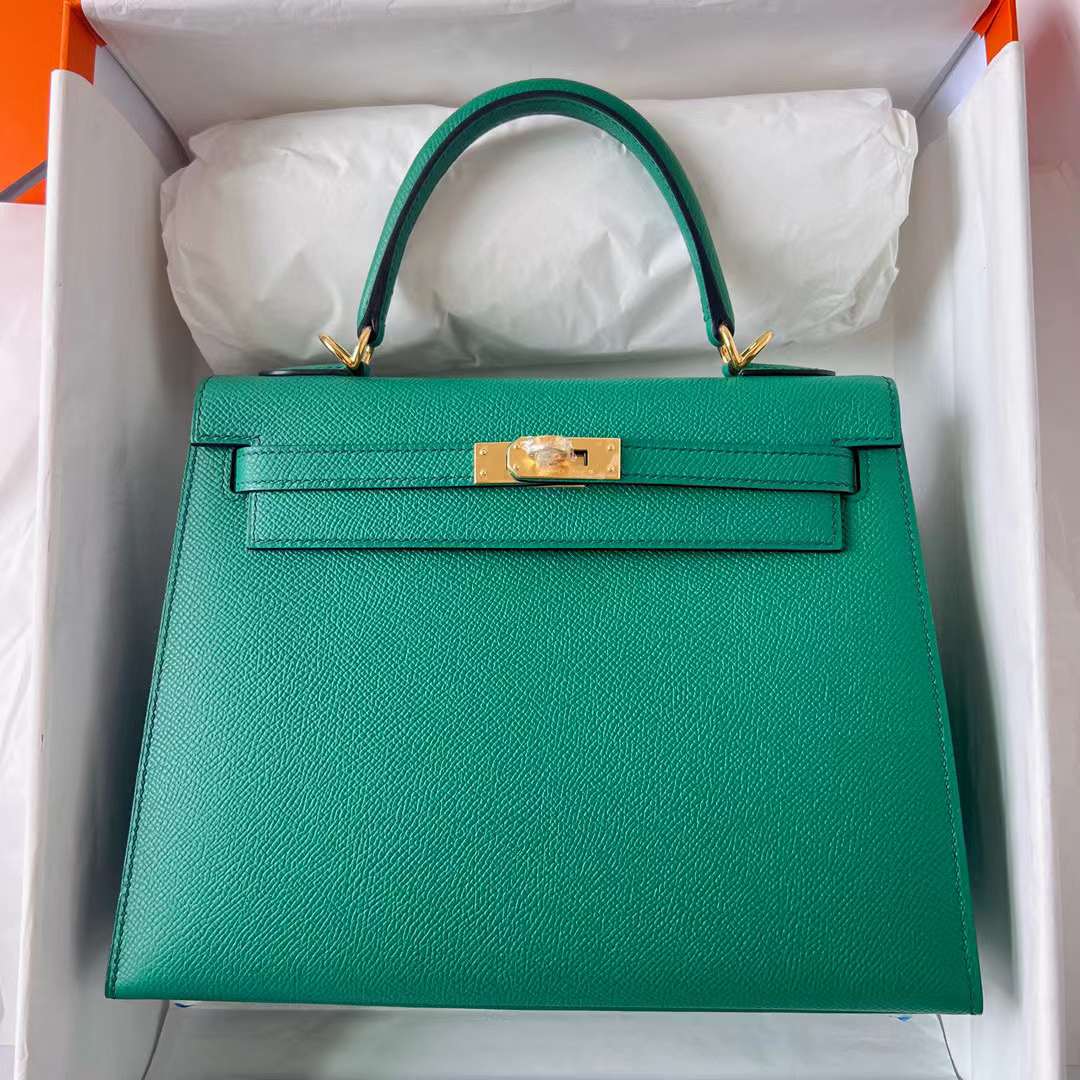 Hermès（爱马仕）Kelly 凯莉包 Epsom皮 U4 丝绒绿 金扣 25cm 全手工蜡线缝制 Ghw