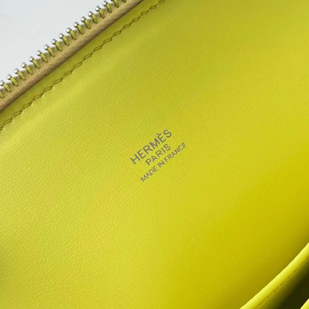 Hermès（爱马仕）Bolide 保龄球包 Epsom 9R 柠檬黄 拼 X9 锦葵紫 拼 Ck10 奶昔白 银扣 25cm 全手工蜡线缝制 Phw