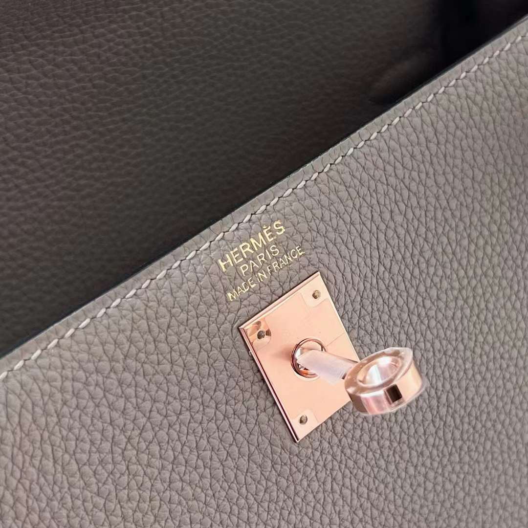 Hermès（爱马仕）Kelly 凯莉包 Togo皮 M8 沥青灰 玫瑰金扣 25cm 全手工蜡线缝制 Rghw