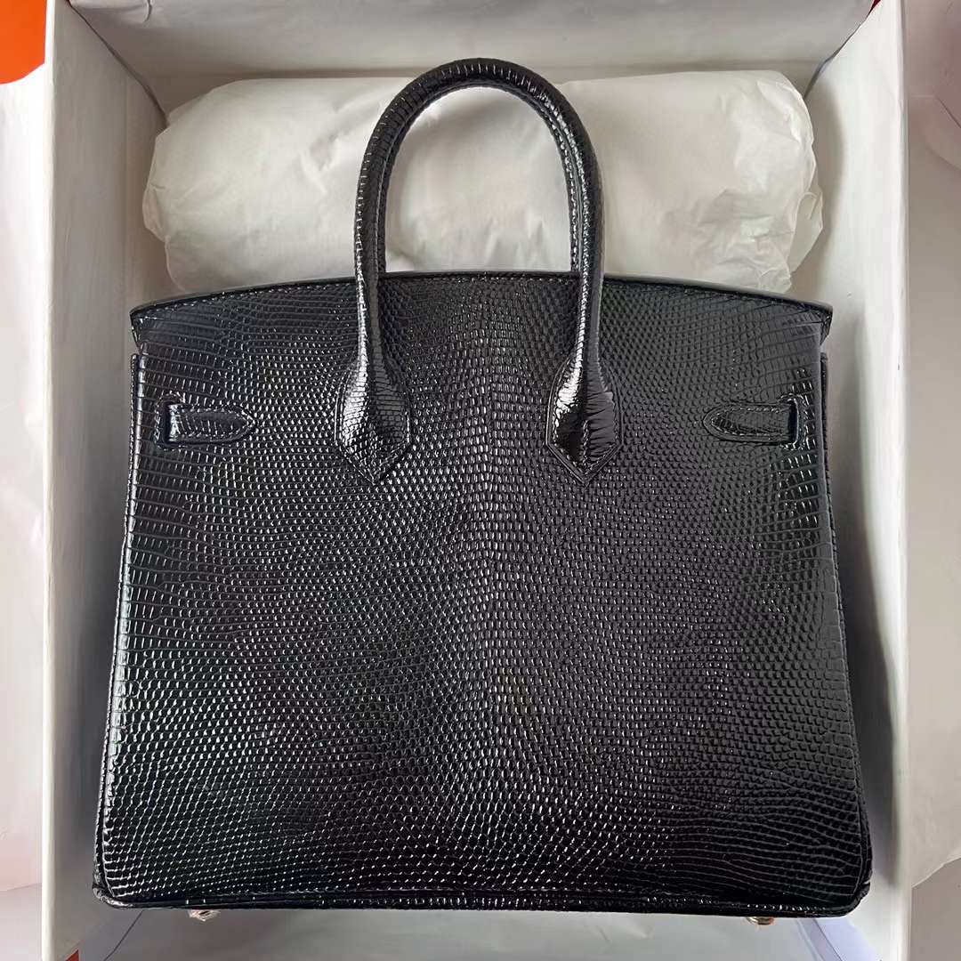 Hermès（爱马仕）Birkin 铂金包 Lizard 进口蜥蜴皮 Ck89 黑色 金扣 25cm 全手工蜡线缝制 Ghw