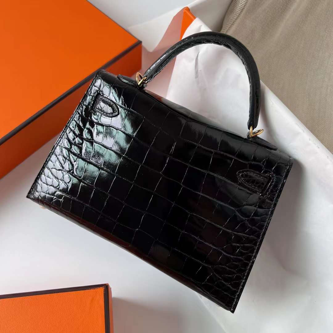 Hermès（爱马仕）Mini Kelly 迷你凯莉 亮面美洲鳄 Shiny Alligator Crocodile Ck89 黑色 金扣 22cm 全手工蜡线缝制 Ghw