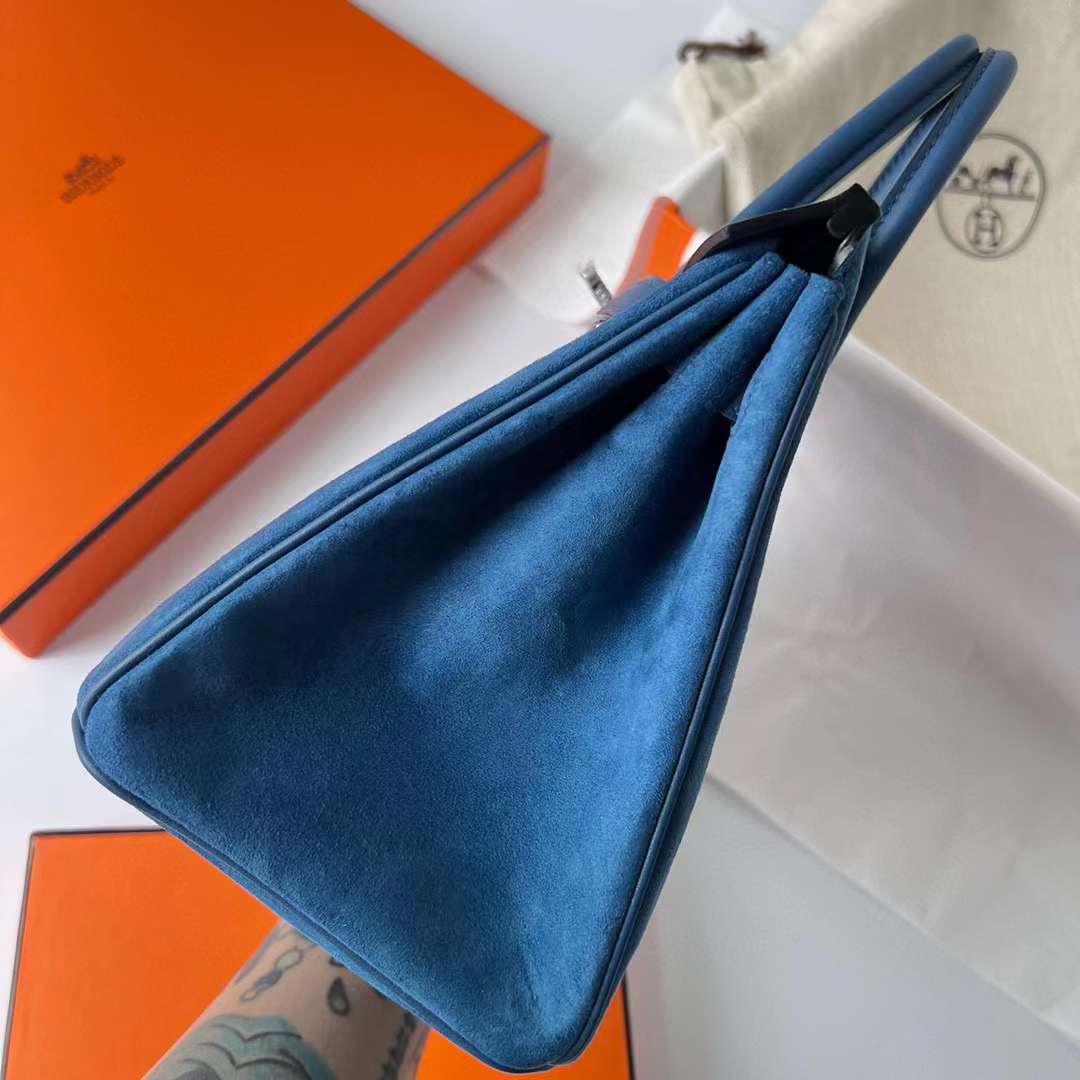 Hermès（爱马仕）Birkin 铂金包 Grizzly 麂皮 拼 Swift O8 皇家蓝 银扣 25cm 全手工蜡线缝制 Phw