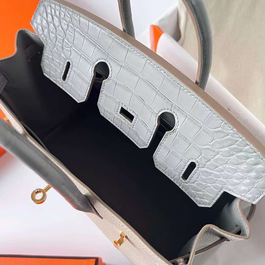 Hermès（爱马仕）Birkin 铂金包 Touch Togo 拼 雾面美洲鳄鱼皮 Ck80 珍珠灰 金扣 25cm 全手工蜡线缝制 Ghw
