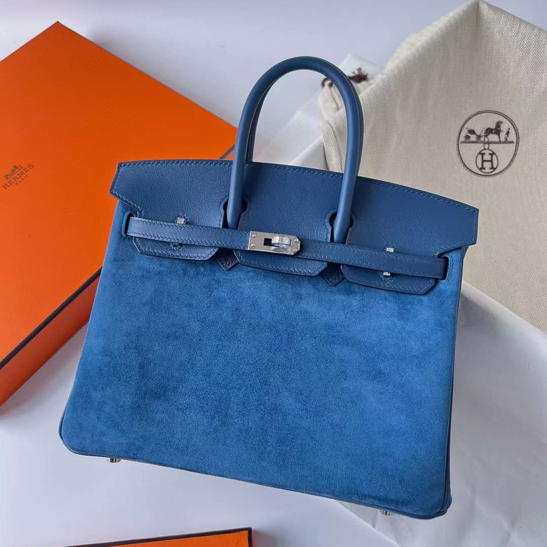 Hermès（爱马仕）Birkin 铂金包 Grizzly 麂皮 拼 Swift O8 皇家蓝 银扣 25cm 全手工蜡线缝制 Phw