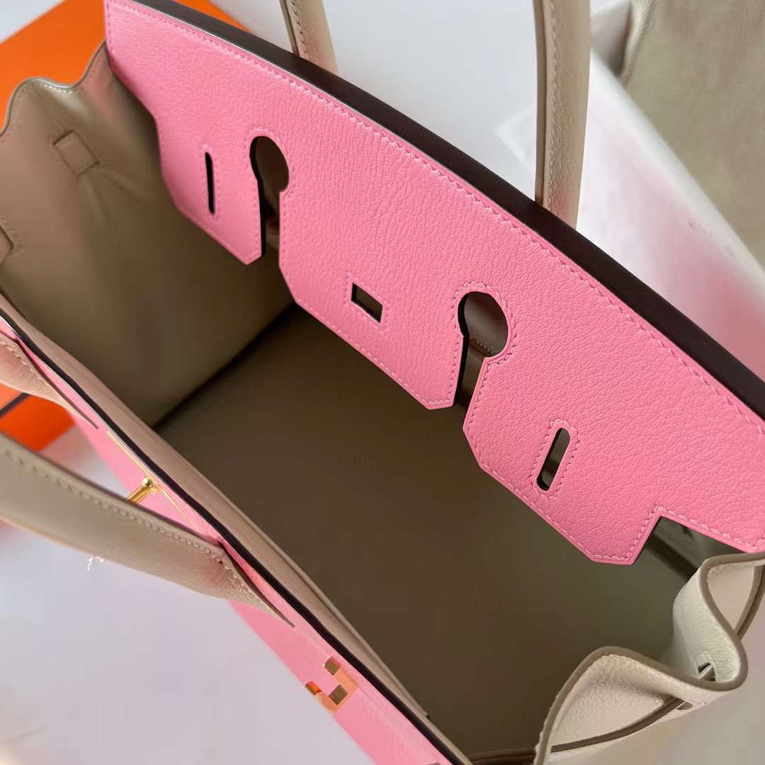 Hermès（爱马仕）Birkin 铂金包 Chevre 进口山羊皮 5P 樱花粉 拼 Ck10 奶昔白 金扣 30cm 全手工蜡线缝制 Ghw