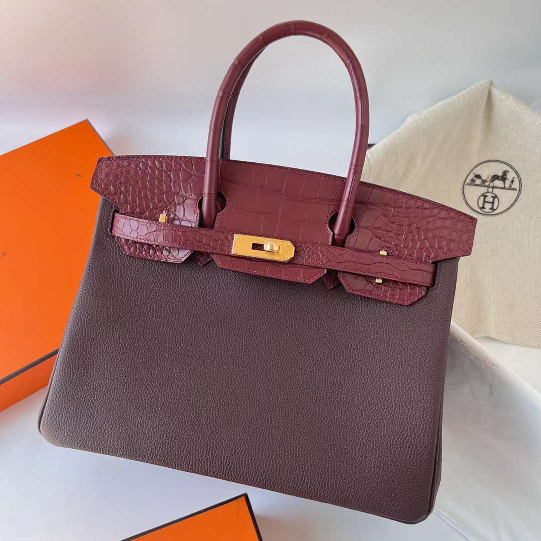 Hermès（爱马仕）Birkin 铂金包 Touch Togo皮 拼 雾面美洲鳄 Ck55 爱马仕红 金扣 30cm 全手工蜡线缝制 Ghw
