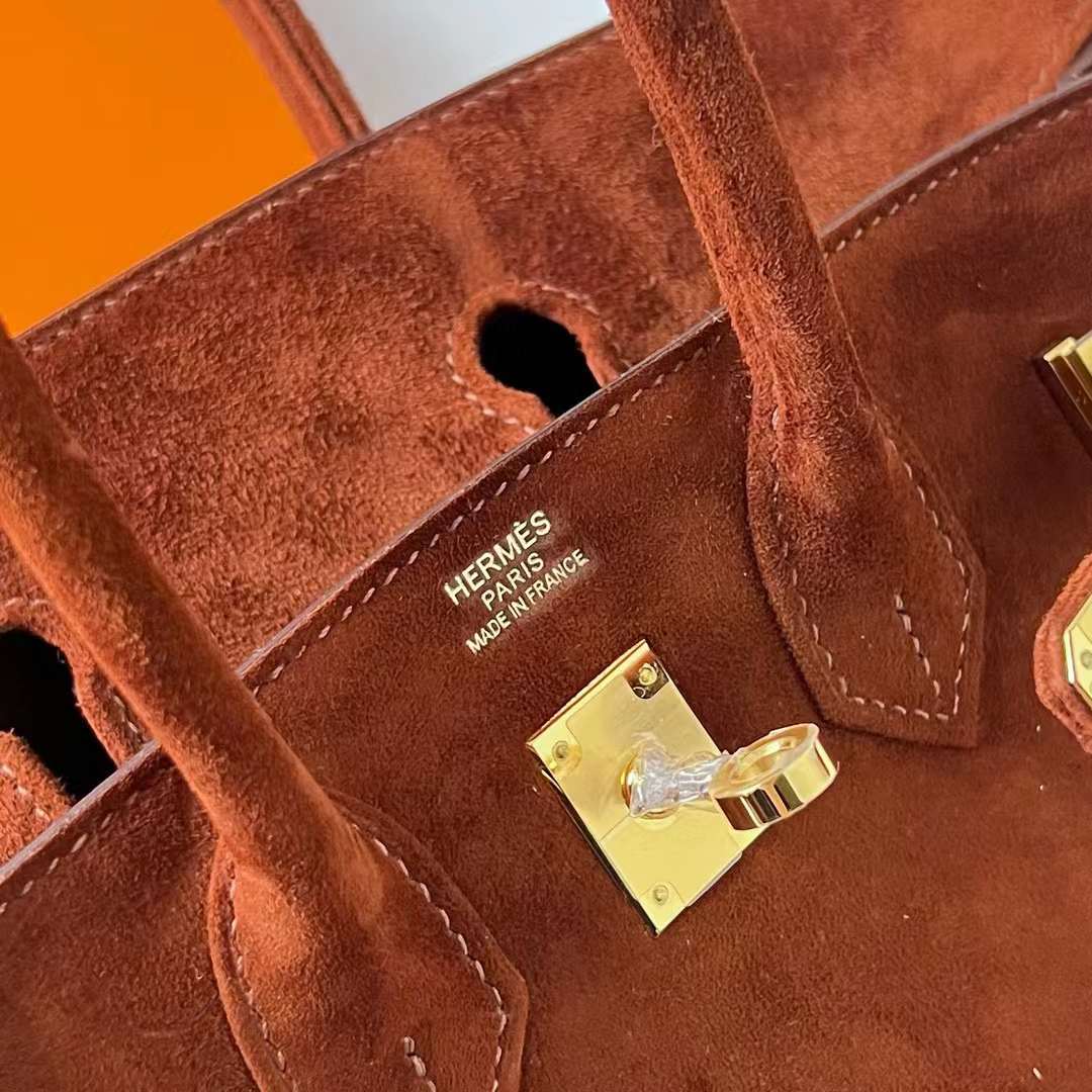 Hermès（爱马仕）Birkin 铂金包 Suede 进口羊皮反绒 麂皮 泰迪色 金扣 25cm 全手工蜡线缝制 Ghw