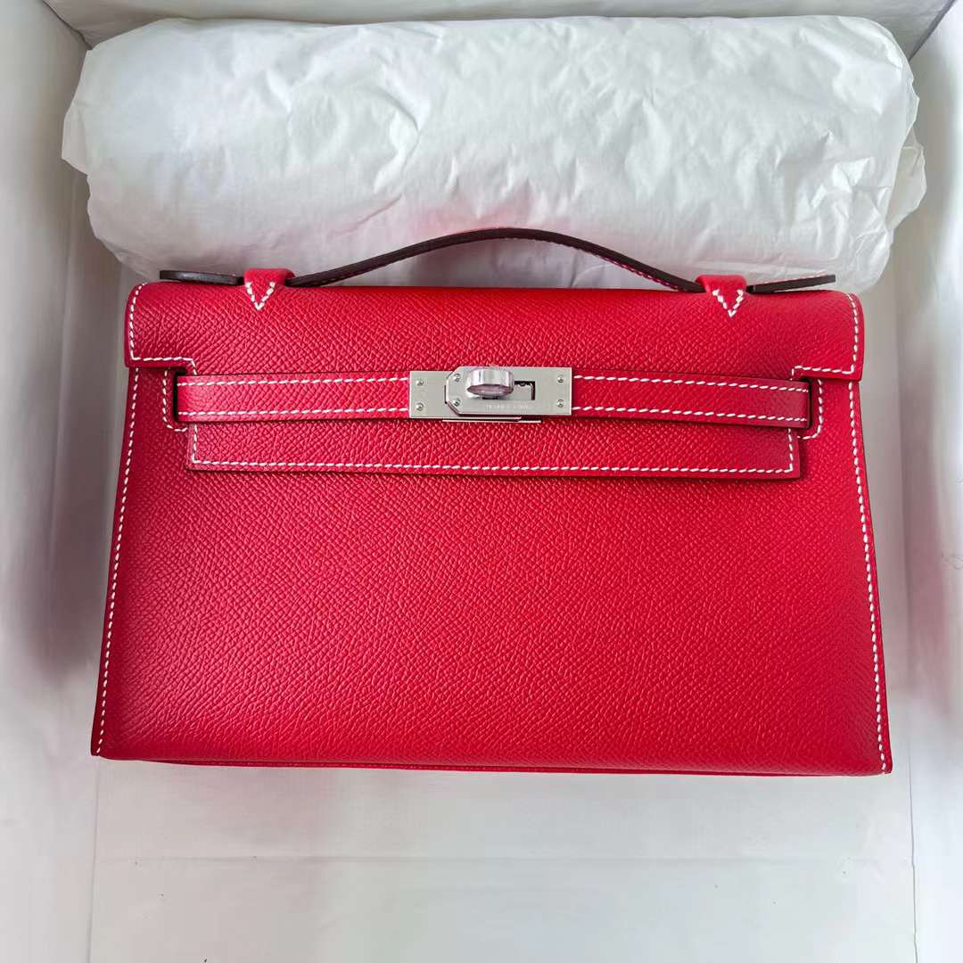 Hermès（爱马仕）Mini Kelly Pochette Epsom Q5 国旗红 银扣 走白色线 22cm 全手工蜡线缝制 Phw