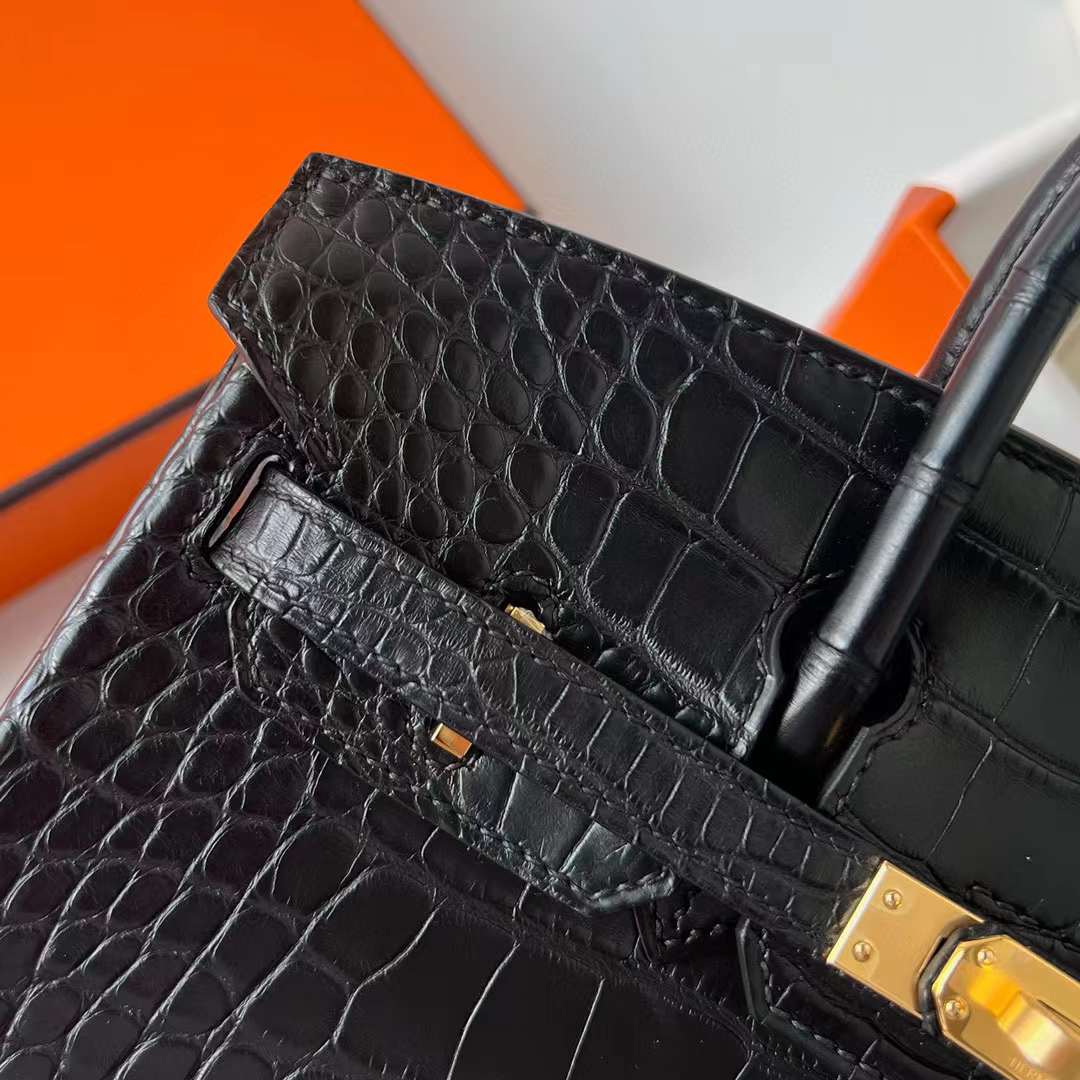 Hermès（爱马仕）Birkin 铂金包 雾面美洲鳄鱼皮 Matte Alligator Crocodile Ck89 黑色 金扣 25cm 全手工蜡线缝制 Ghw