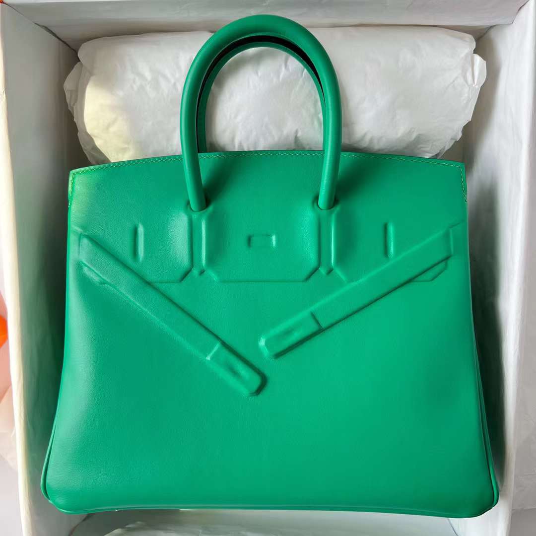 Hermès（爱马仕）Birkin Shadow Swift 幻影包 6W 薄荷绿 银扣 25cm 全手工蜡线缝制 Phw
