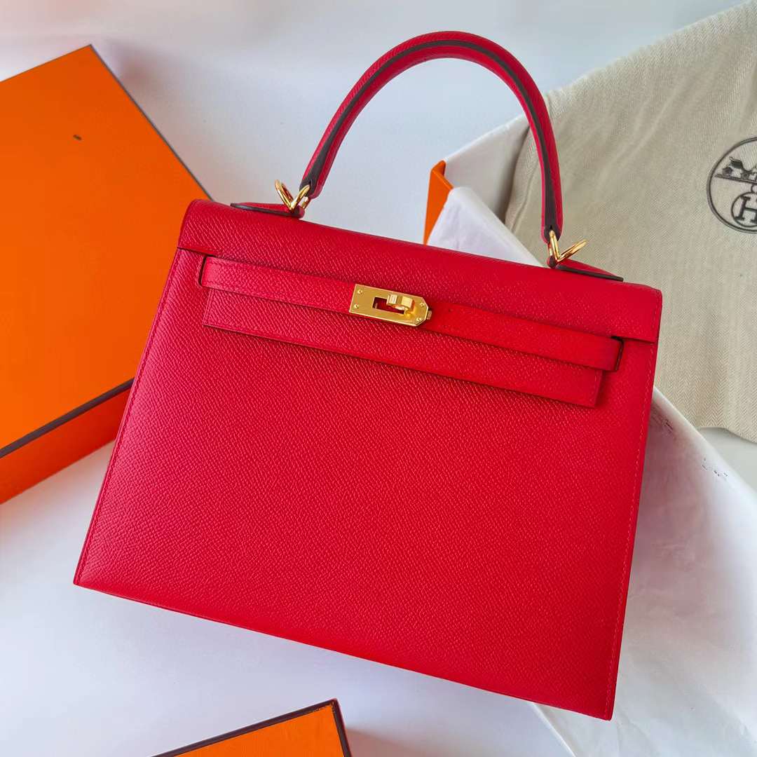 Hermès（爱马仕）Kelly 凯莉包 Epsom Q5 国旗红 金扣 25cm 全手工蜡线缝制 Ghw
